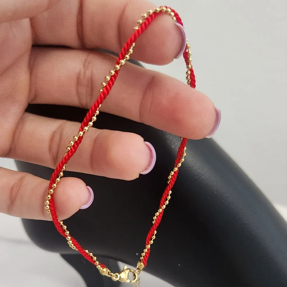 Red Rope String & Gold Beaded Twisted Anklet - Picture 10 of 13